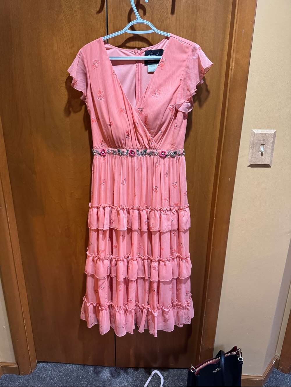 Mac Duggal Coral Pink Tiered Midi Dress with Embellished Waist